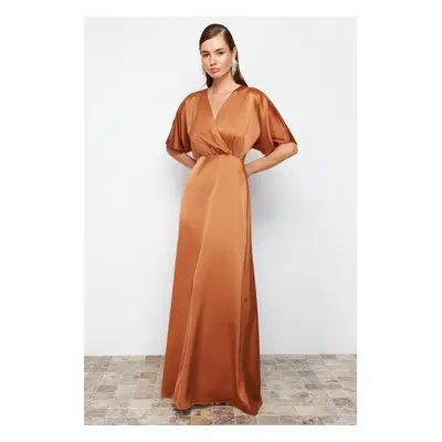 Trendyol Brown A-Line Woven Satin Long Evening Evening Dress