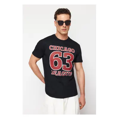 Trendyol Black Regular Cut College Printed 100% Cotton T-Shirt