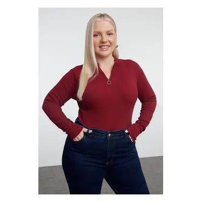 Trendyol Curve Burgundy Zippered Stand Collar Body-Smoothing Camisole Knitted Plus Size Blouse