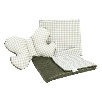 Medi Partners Set: Quilt with stroller pillow + butterfly – Checkered + green Minky