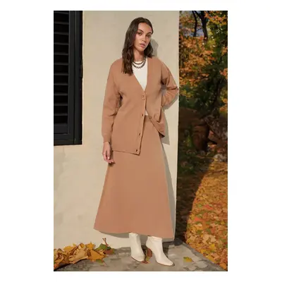 Trendyol Camel Cardigan-Skirt Knitwear Set