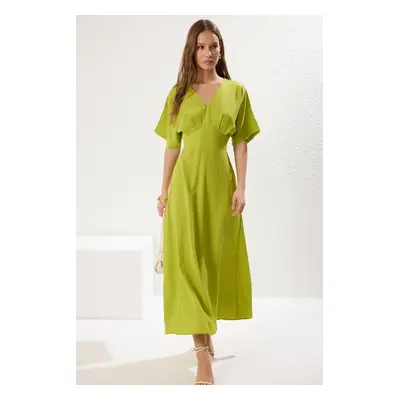 Trendyol Oil Green A-Line Corsage Detailed V-Neck Maxi Woven Dress