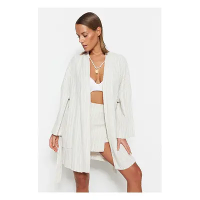 Trendyol Ecru Belted Mini Woven Linen Blend Kimono & Kaftan