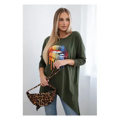 Oversized blouse with khaki rainbow lip print