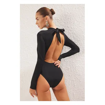 Trendyol Black*001 Plain Round Back Low-Cut Long Swimsuit