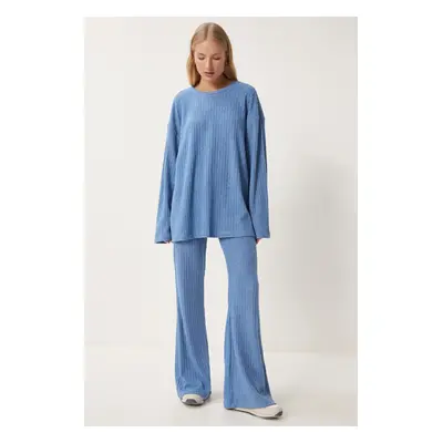 Happiness İstanbul Women's Blue Comfortable Ribbed Knitted Blouse Trousers Set