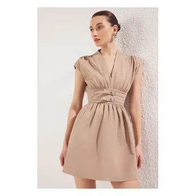 Trendyol Camel Belted Straight A-Line Mini Woven Dress