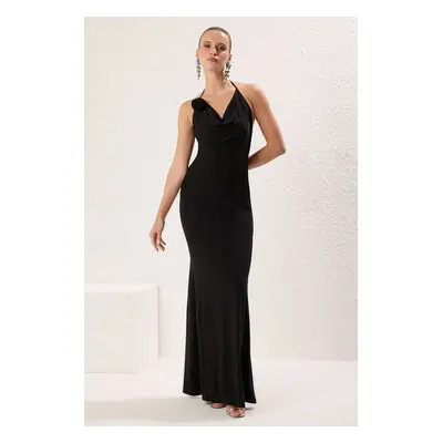 Trendyol Black Plain Rose Detailed Knitting Sandy Maxi Evening Dress & Graduation Dress