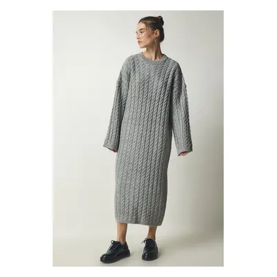 Happiness İstanbul Women's Gray Knit Detailed Thick Oversize Knitwear Dress