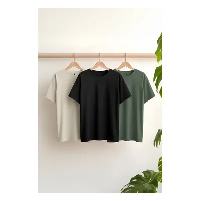 Trendyol Black-Stone-Dark Green Slim/Slim Cut Crew Neck Basic 100% Cotton 3-Pack T-Shirt