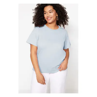 Trendyol Curve Blue Regular Fit Basic Crew Neck 100% Cotton Knitted Plus Size T-Shirt