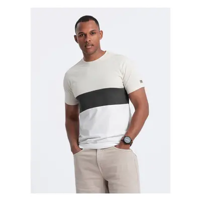 Ombre Men's tricolor T-shirt with wide stripes - cream and white