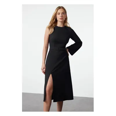 Trendyol Black Belted A-Line Single Sleeve Detailed Midi Woven Dress