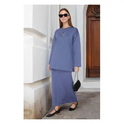 Trendyol Indigo Oversize Knitted Diver/Scuba Tunic-Skirt Set