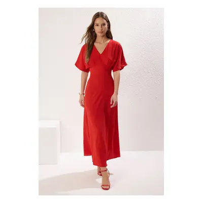 Trendyol Red A-Line Corsage Detailed V-Neck Maxi Woven Dress