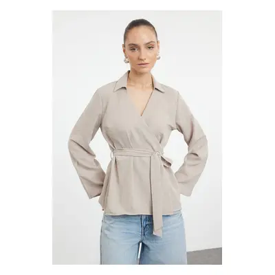 Trendyol Gray V-Neck Double Breasted Tie Detailed Woven Blouse