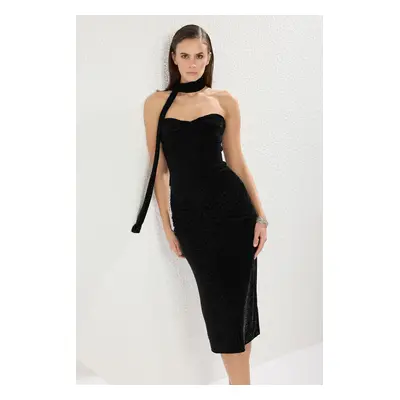 Trendyol Black Glitter Knitted Neck Tie Detail Dress