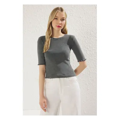 Trendyol Anthracite Washed Ribbed Fitted/Body-Sit Crew Neck Flexible Knitted Blouse