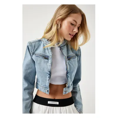 Happiness İstanbul Women's Light Blue Zippered Crop Denim Jacket