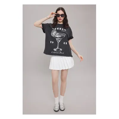 Trendyol Anthracite Washed Printed Oversize/Wide Pattern Knitted T-shirt