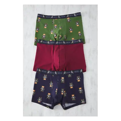 Trendyol Multi-Colored 3-Pack Bear Printed-Plain Flexible Cotton Boxer