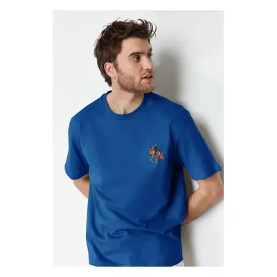 Trendyol Indigo Oversize/Wide Cut Horse/Animal Embroidered Short Sleeve 100% T-Shirt