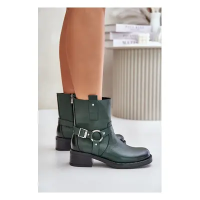 Zazoo Leather ankle boots on a low heel insulated dark green