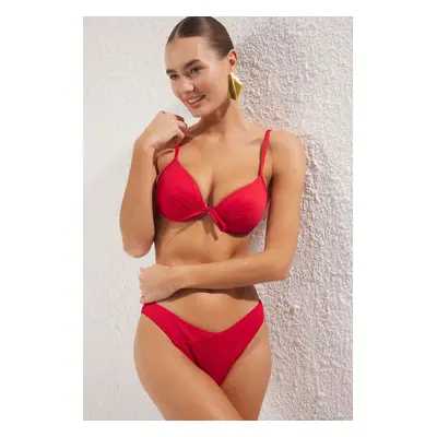 Trendyol Red Balconette Tie Textured Bikini Top