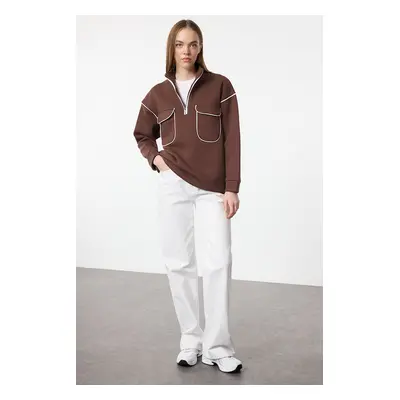 Trendyol Brown Zipper and Pocket Detail Oversize Sweatshirt