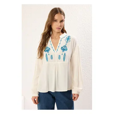 Trendyol Ecru V Neck Embroidery Detailed Regular Woven Blouse