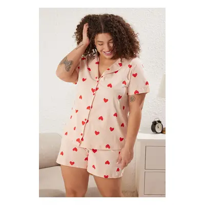 Trendyol Curve Light Pink Heart Patterned Shirt Collar Knitted Pajama Set