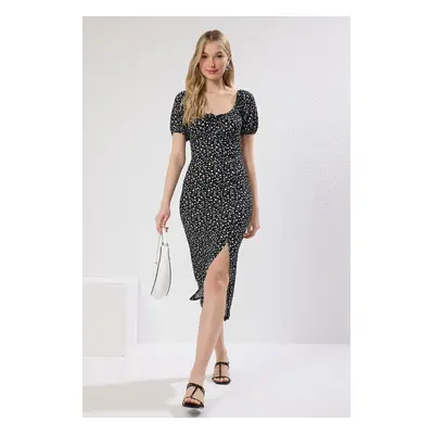 Trendyol Black Floral Midi Carmen Collar Slit Bodycone/Body-Fitting Knitted Dress