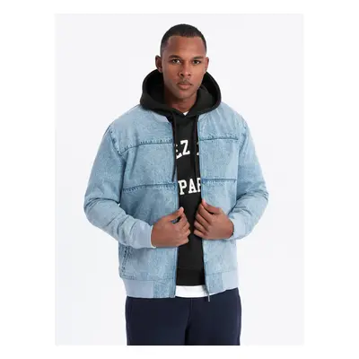 Ombre Men's denim bomber jacket with stone wash effect - light blue