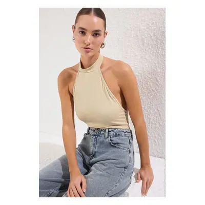 Trendyol Stone Stand Collar Backless Flexible Snap Knitted Bodysuit