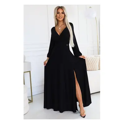 572-2 NELA Shiny Long Dress with Neckline and Long Sleeves - BLACK