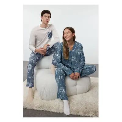 Trendyol Men's Gray - Blue Regular Fit Couple/Double Knitted Pajama Set