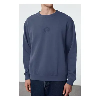 Trendyol Indigo Oversize/Wide Cut Embossed Text Printed Inside Polar Fleece Sweatshirt