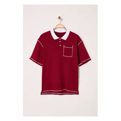 Trendyol Claret Red Oversize/Wide Cut Stitch Detail Polo Neck T-shirt