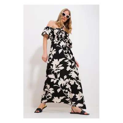 Trend Alaçatı Stili Women's Black Madonna Collar Floral Patterned Tie Maxi Length Dress