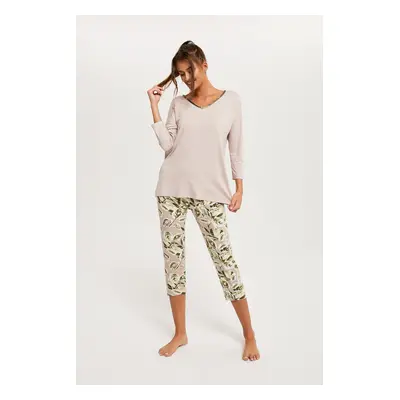 Women's pyjamas Indonesia 3/4 sleeve, 3/4 legs - beige/print