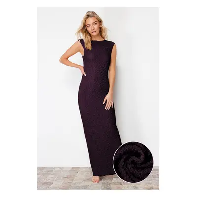 Trendyol Plum Textured Fabric Fitted/Fits the Body Moon Sleeve Flexible Knitted Midi Pencil Dres