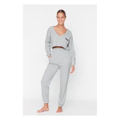 Trendyol Gray Ribbed Cotton Embroidery Knitted Pajamas Set