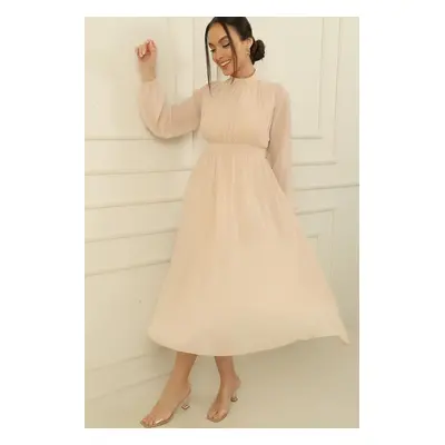 By Saygı High Neck Pleated Sleeves Elastic Lined Chiffon Dress