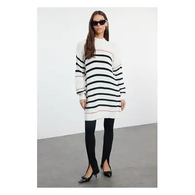 Trendyol Ecru Red and Black Striped Basic Knit Sweater