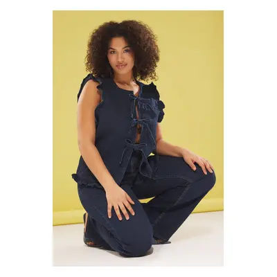 Trendyol Curve Dark Blue Front Tie Quilted Plus Size Denim Vest