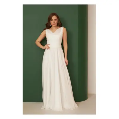 Carmen Ecru Chiffon Plunging Neck Long Wedding Dress