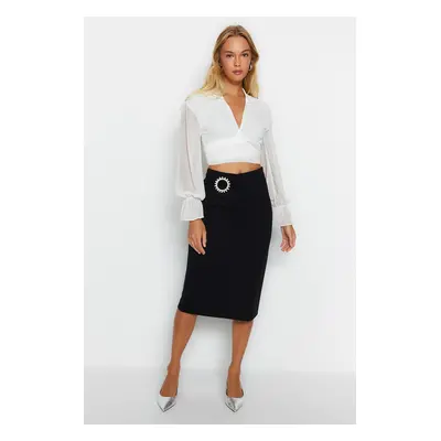 Trendyol Black Buckle Detailed Crepe Midi Knitted Skirt