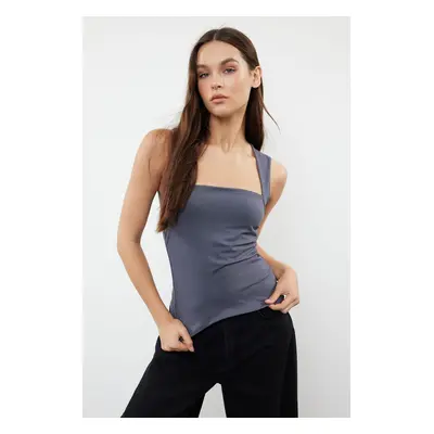 Trendyol Gray Plain Square Neck Strap Gathered Knitted Blouse