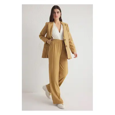 Trendyol Camel Jacquard Elastic Waist Wide Leg Woven Trousers