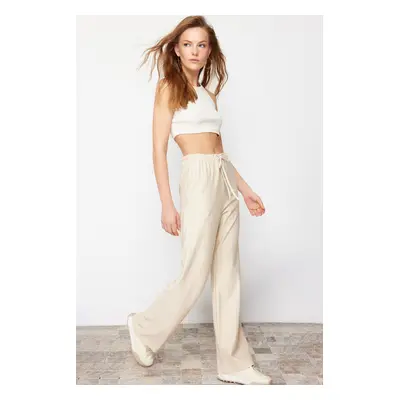 Trendyol Beige Thick Striped Straight/Straight Cut Stretch Trousers